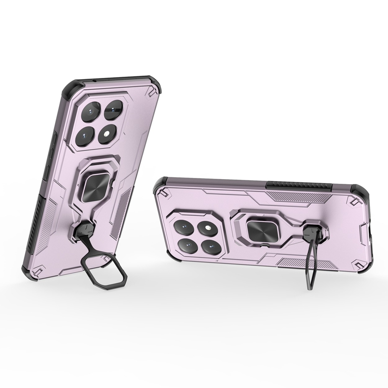 Twee roze beschermhoezen voor telefoons met zwarte accenten. Elke hoes heeft een ringhouder en uitsparingen voor de camera. Eén staat rechtop, de ander ligt plat.