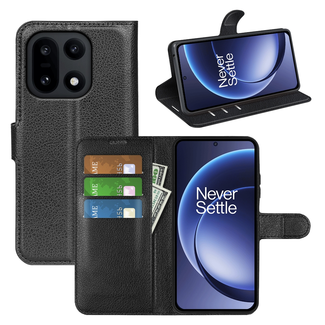 Zwarte telefoonhoes met telefoon erin. Creditcards en geld zijn zichtbaar in de hoes. Eén telefoon wordt open getoond.