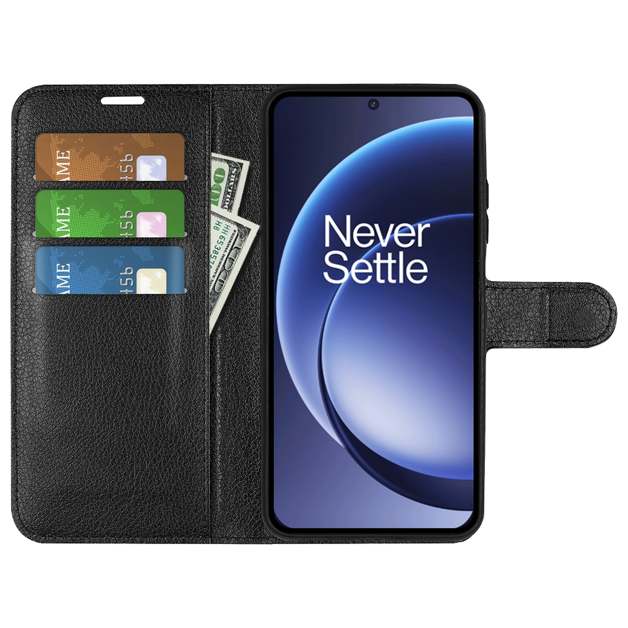 Zwarte telefoonhoes met telefoon en kaarten. De telefoon toont een blauwe achtergrond en de woorden 'Never Settle'.