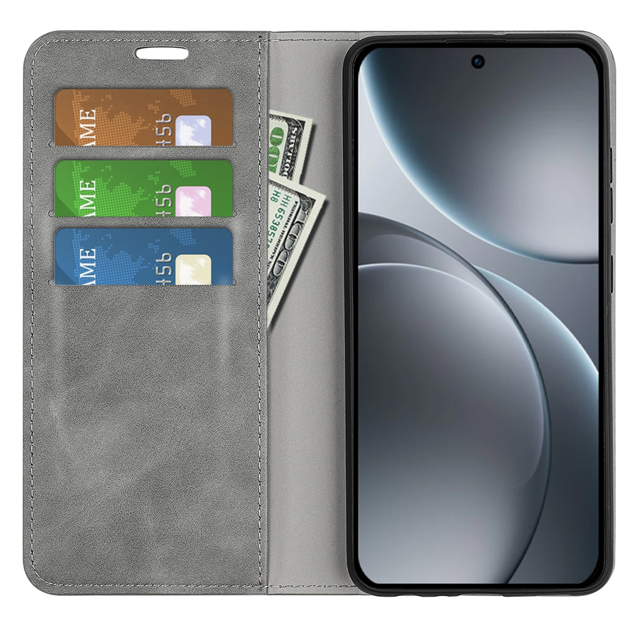 Een open grijze telefoonhoes met telefoon rechts. Binnenin creditcards en een biljet van 100 dollar.