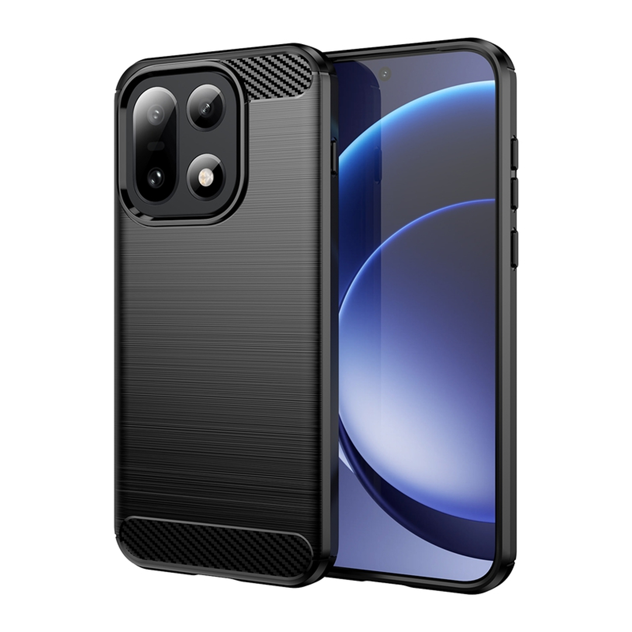 Zwarte telefoonhoes met een koolstofvezeltextuur. Het heeft een camerabult met drie lenzen en een telefoonscherm met een blauwe gradiënt.