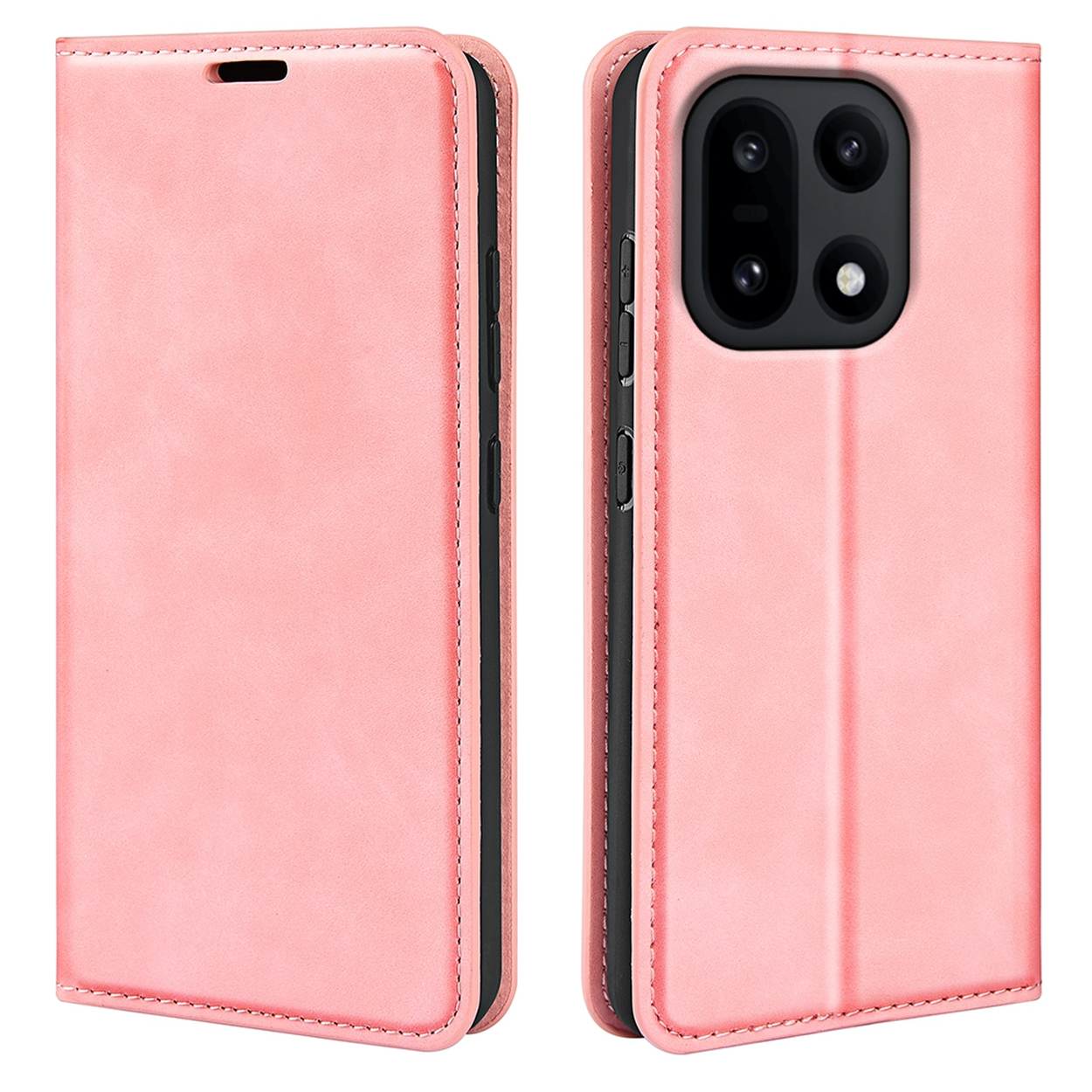 Roze telefoonhoesje met een portemonnee-ontwerp. Het heeft een uitsparing voor de camera en knoppen. De case is open, met de binnenkant.