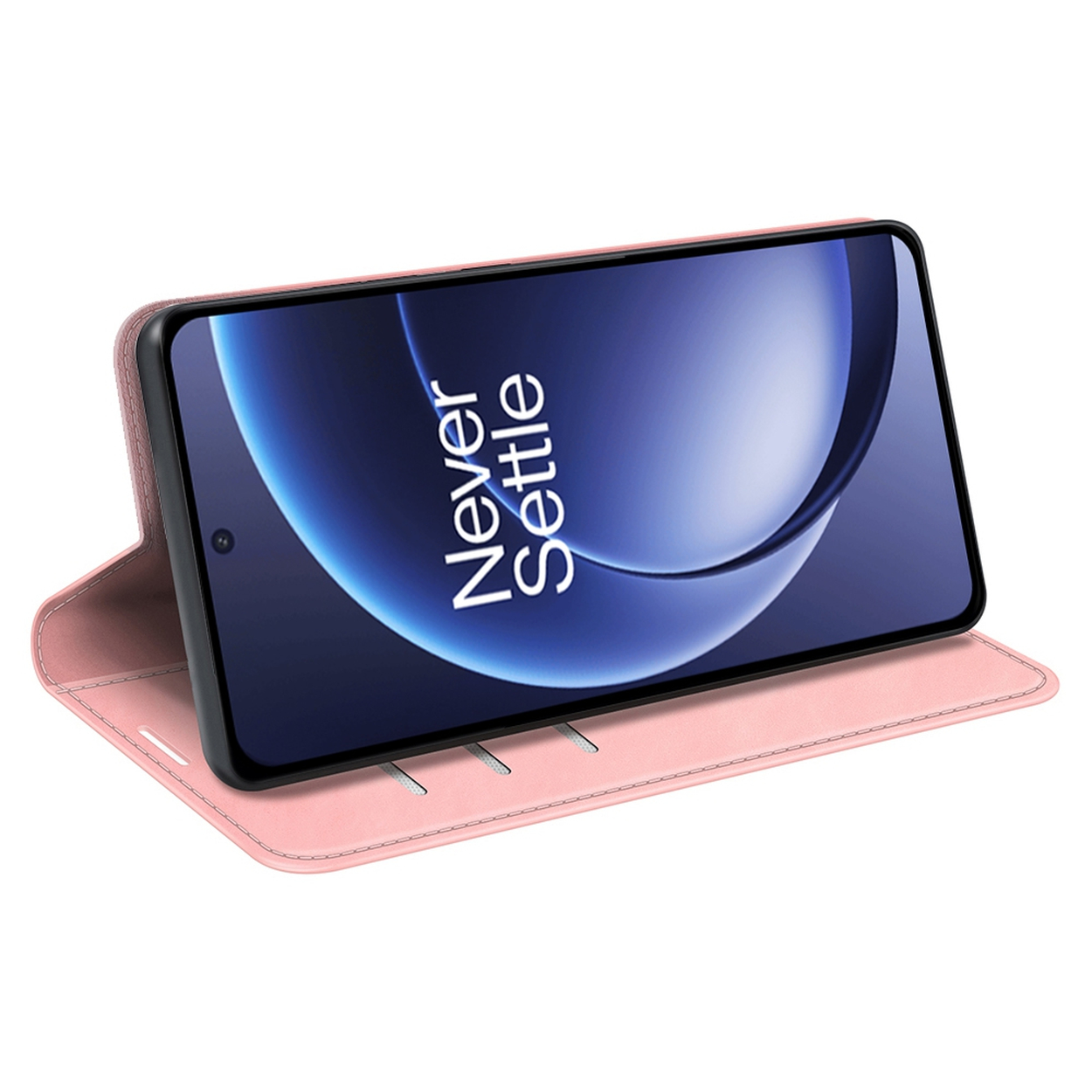 Een roze telefoonhoesje met een telefoon waarop een blauw-witte afbeelding staat. De telefoon heeft de tekst "Never Settle".