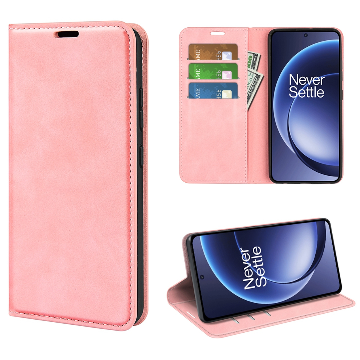 Roze telefoonhoesje met telefoon, kaarten en contant geld. De telefoon toont 'Never Settle'.