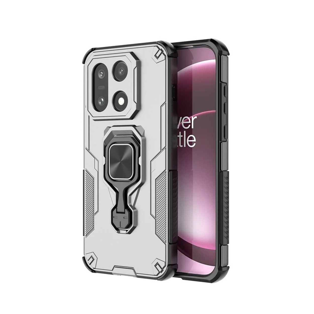 Een zilverzwarte telefoonhoes met een ringhouder. Het telefoonscherm toont tekst. De hoes staat op een witte achtergrond.