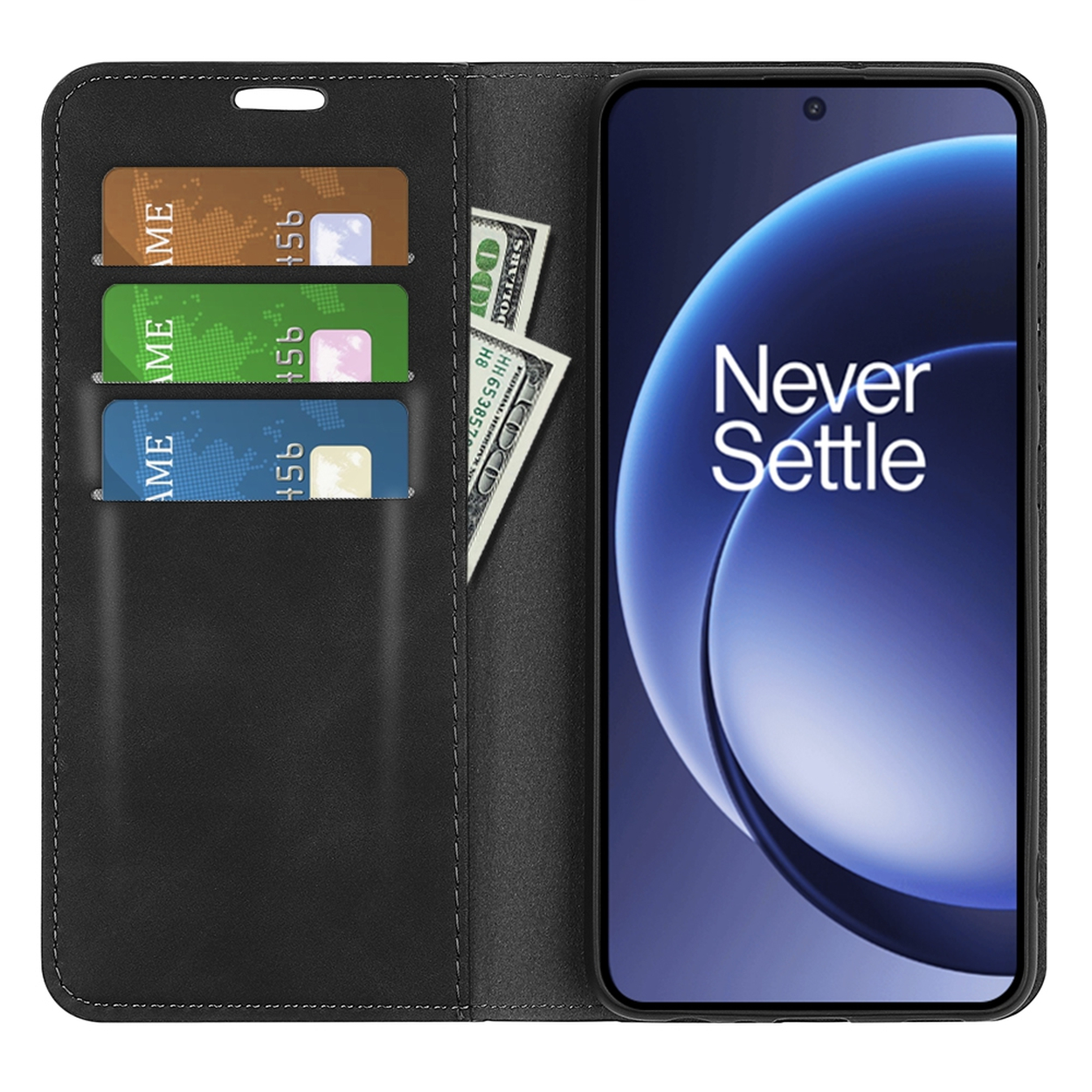 Zwarte telefoonhoes open, met een telefoon met 'Never Settle', creditcards en bankbiljetten. De hoes is van leer.