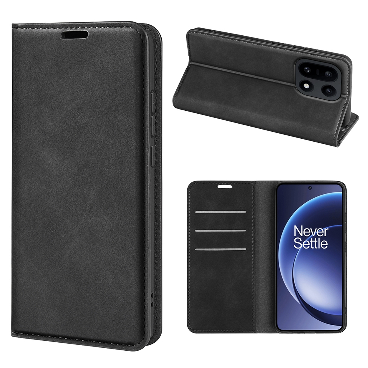 Zwarte telefoonhoes met telefoon. De hoes is open, met het scherm met 'Never Settle'.