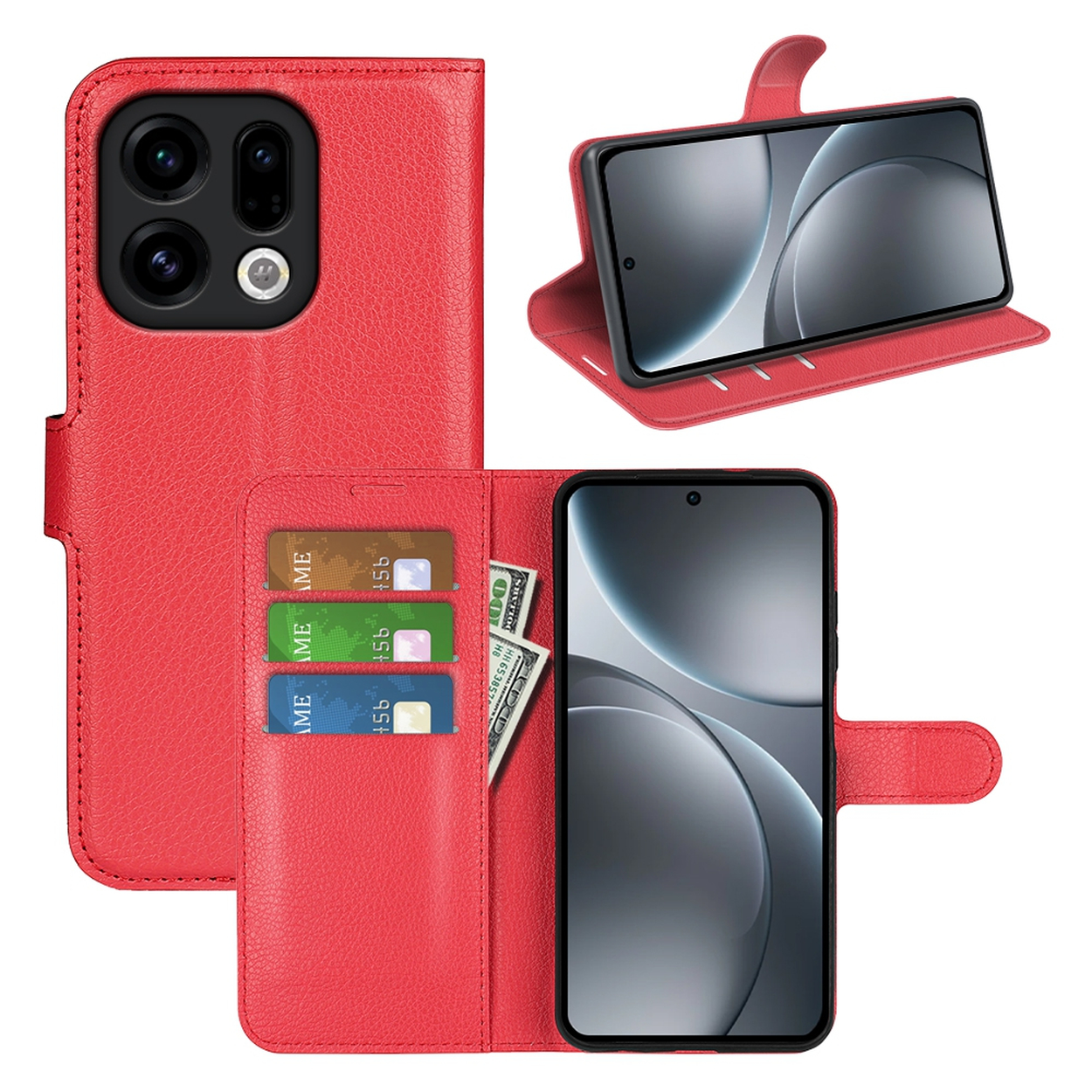 Étui de téléphone rouge avec téléphone et trois cartes de crédit. Affiché sous plusieurs angles. De l'argent est visible.