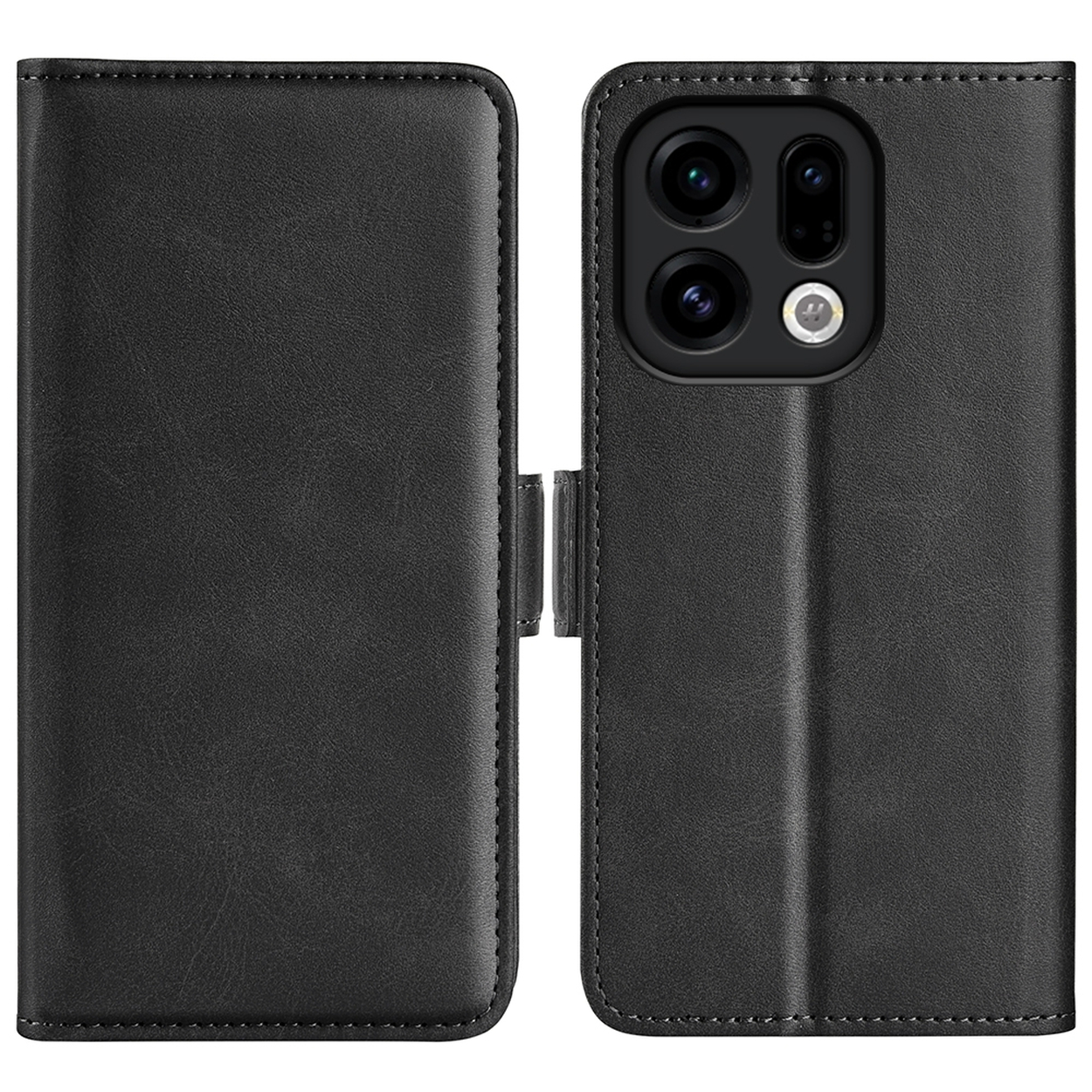 Een zwarte leren telefoonhoes, opengeklapt om de achterkant van de telefoon met cameralenzen te onthullen. De hoes heeft een magnetische sluiting.