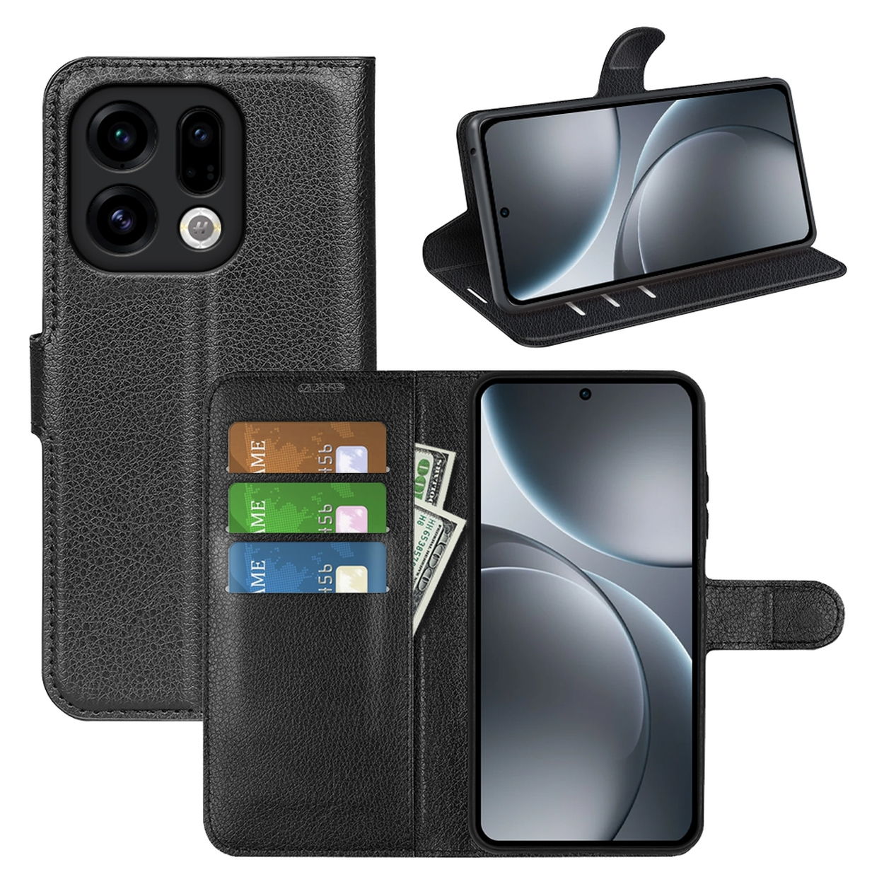 Étui de téléphone en cuir noir avec plusieurs fentes pour cartes et de l'argent. C'est un étui de type folio avec un téléphone affiché.