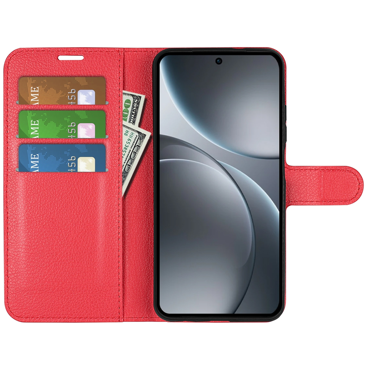 Étui de téléphone rouge avec téléphone à l'intérieur, cartes de crédit et un billet de cent dollars.