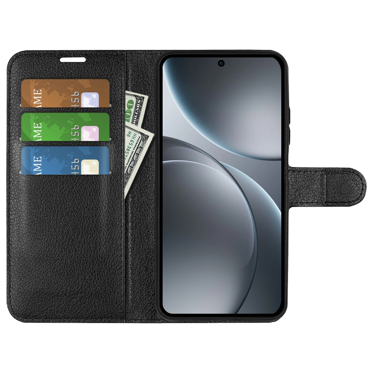 Étui de téléphone noir ouvert. À l'intérieur, trois cartes de crédit et un billet de cent dollars. Un téléphone à droite.