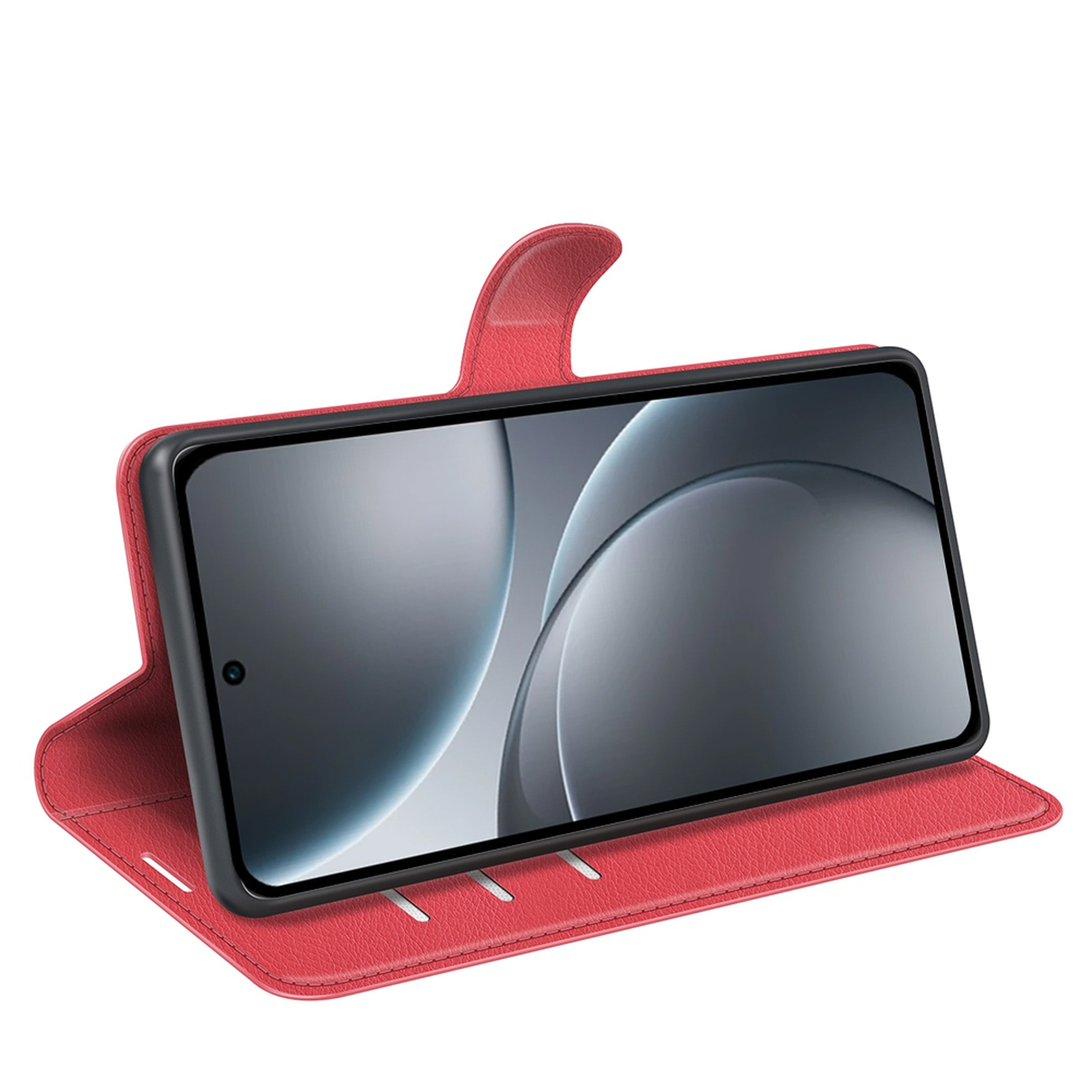 Un étui de téléphone rouge est ouvert, tenant un téléphone avec un écran affichant un graphique gris. L'étui est sur fond blanc.