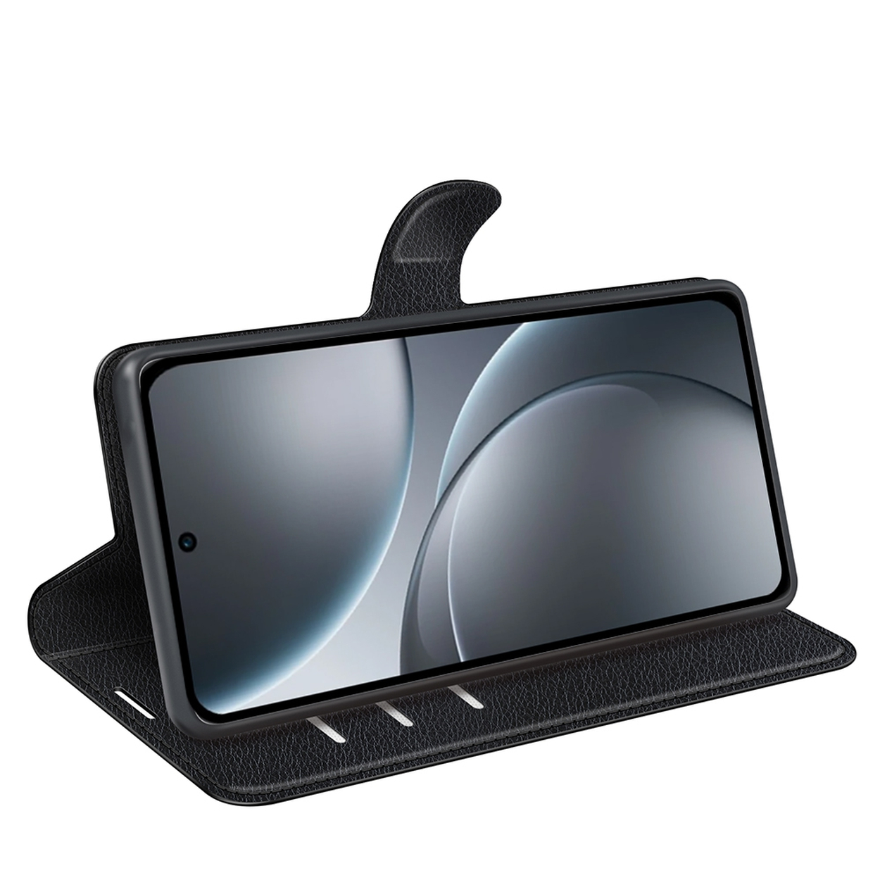 Un téléphone noir dans un étui en cuir noir. L'écran du téléphone affiche un motif gris flou. L'étui a un rabat.