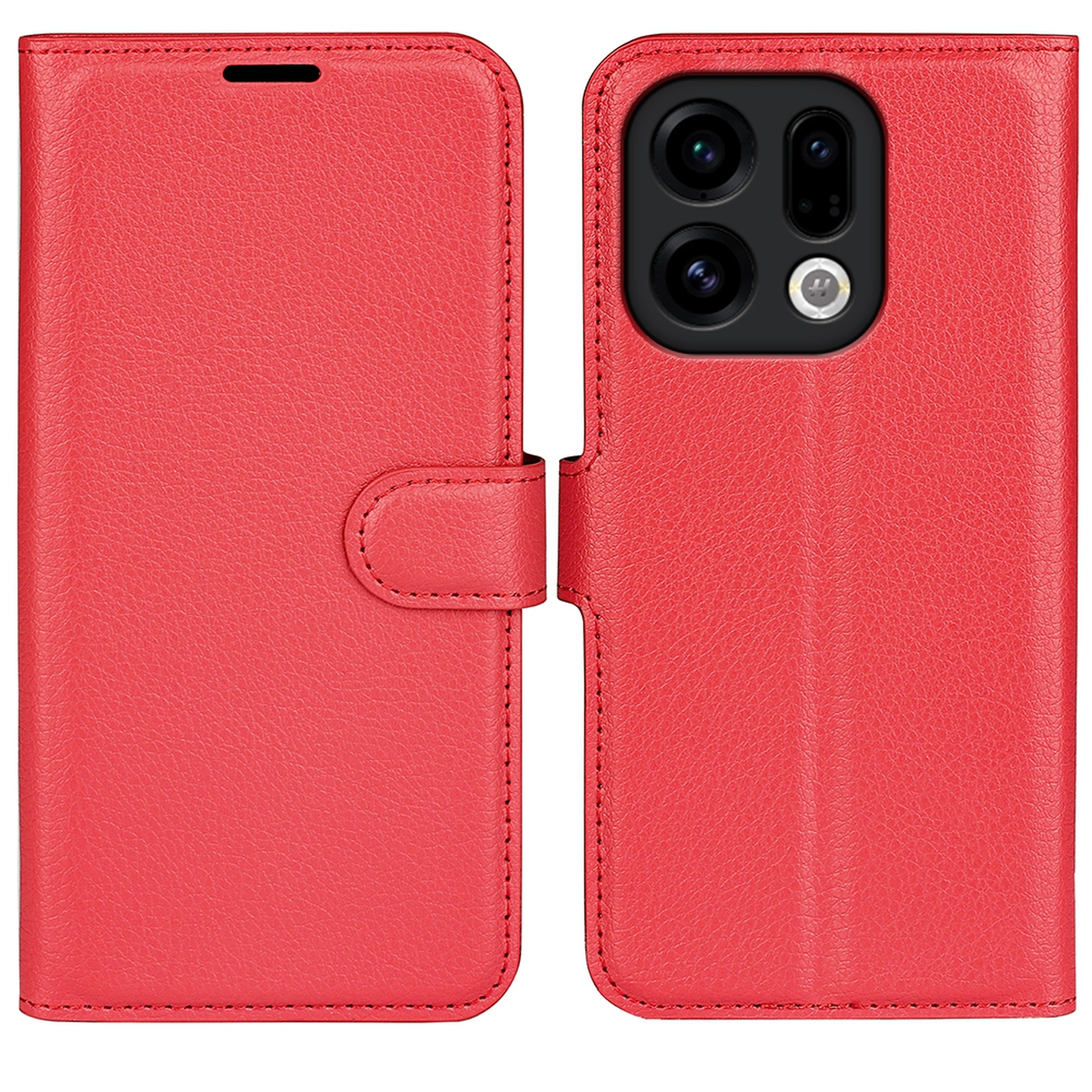 Étui de téléphone en cuir rouge ouvert, avec téléphone visible. Détails de la caméra et des boutons. Bords cousus et fermeture magnétique.