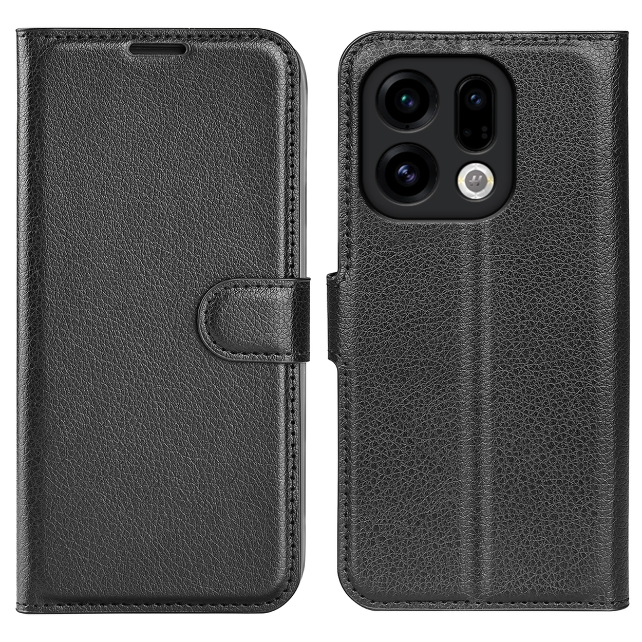 Étui de téléphone en cuir noir, ouvert. Le côté gauche a un fermoir. Le côté droit montre les caméras du téléphone.
