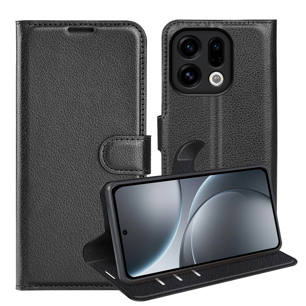 Étui de téléphone en cuir noir avec un téléphone dedans. L'écran du téléphone est visible. L'étui est ouvert et fermé dans l'image.