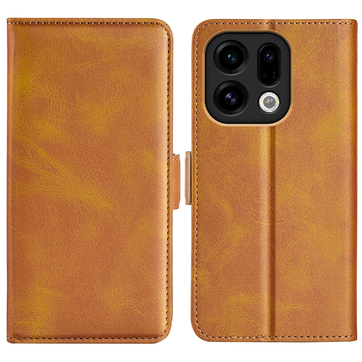 Een bruine leren telefoonhoes, open om de camera van de telefoon te onthullen. De hoes is in portemonnee-stijl met een magnetische sluiting.