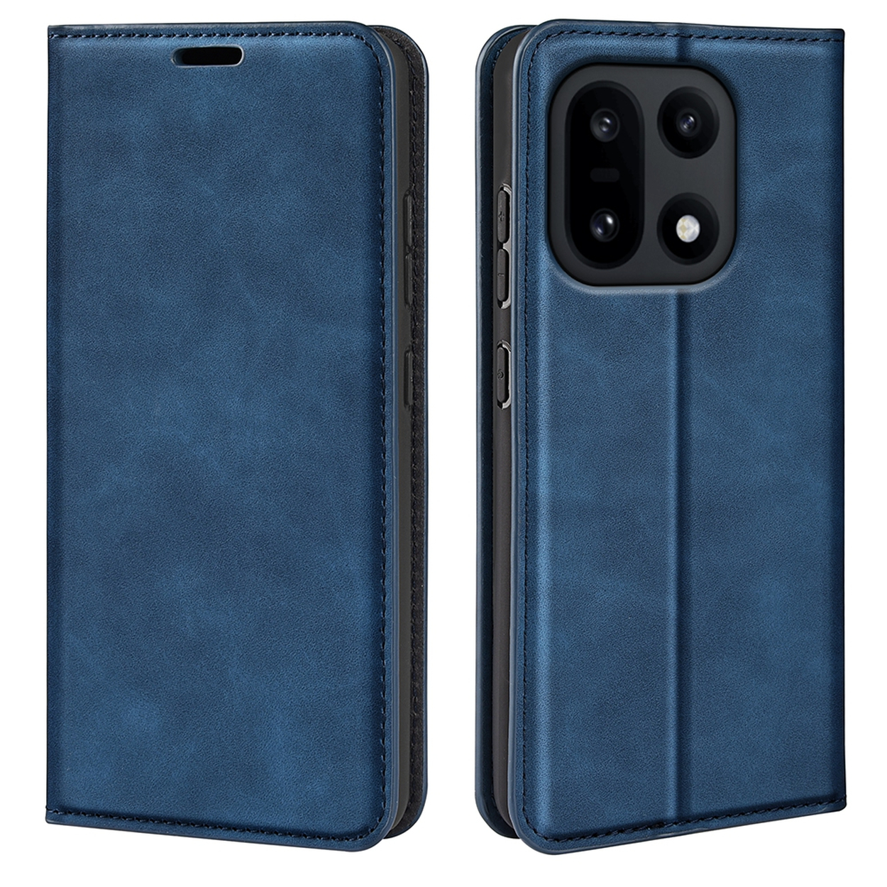 Een blauwe leren telefoonhoes, open en dicht. De open hoes toont de camera's van de telefoon. De hoes is gestikt en heeft een magnetische sluiting.