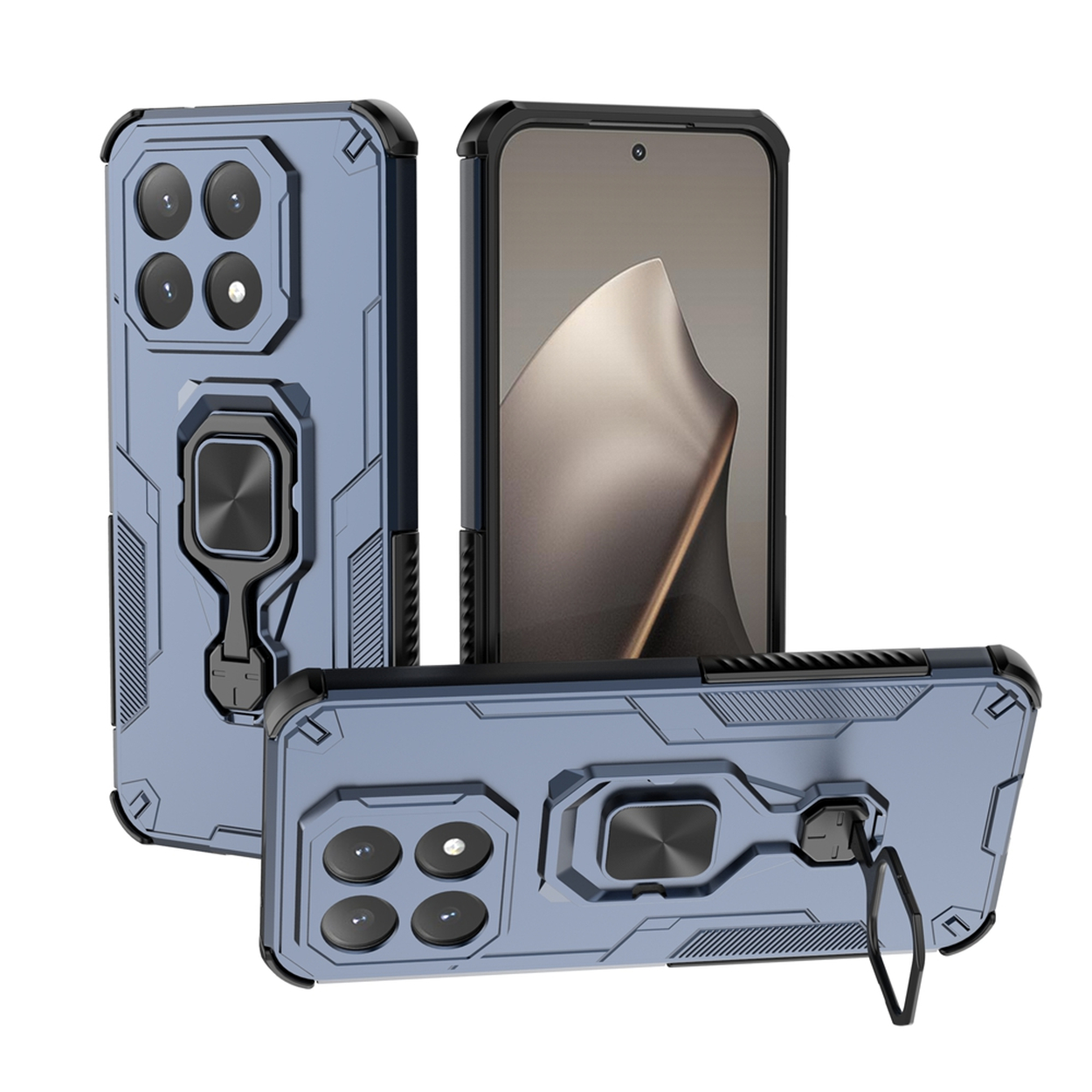 Drie blauwe telefoonhoesjes met zwarte accenten. Eén houdt een telefoon vast. Elke hoes heeft een ringhouder en camera-uitsparingen. De hoesjes staan op een witte achtergrond.