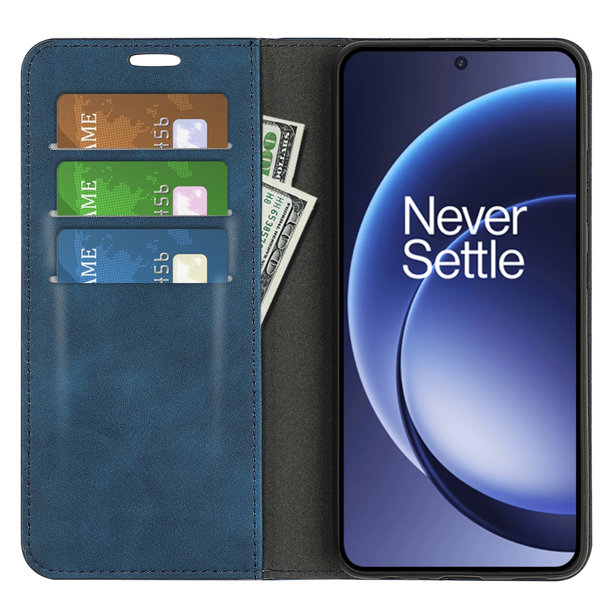 Een blauwe telefoonhoes met een smartphone. De hoes bevat creditcards en een dollarbiljet. Op het scherm staat 'Never Settle'.