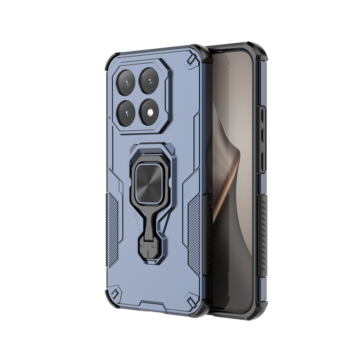 Een blauwe telefoonhoes met een ringhouder en een zwarte telefoon. De hoes heeft een textuurontwerp en uitsparingen voor de camera.