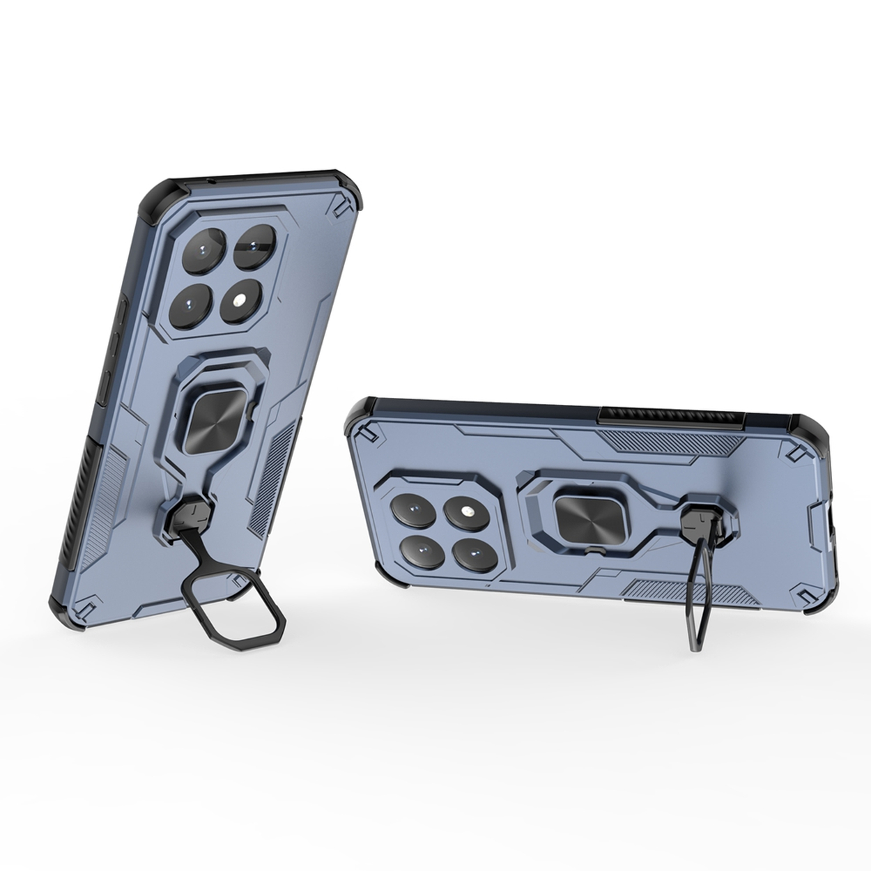 Twee blauwe telefoonhoesjes met zwarte accenten. Elk heeft een camera-uitsparing en een ringhouder. Eén staat rechtop, de andere ligt plat.