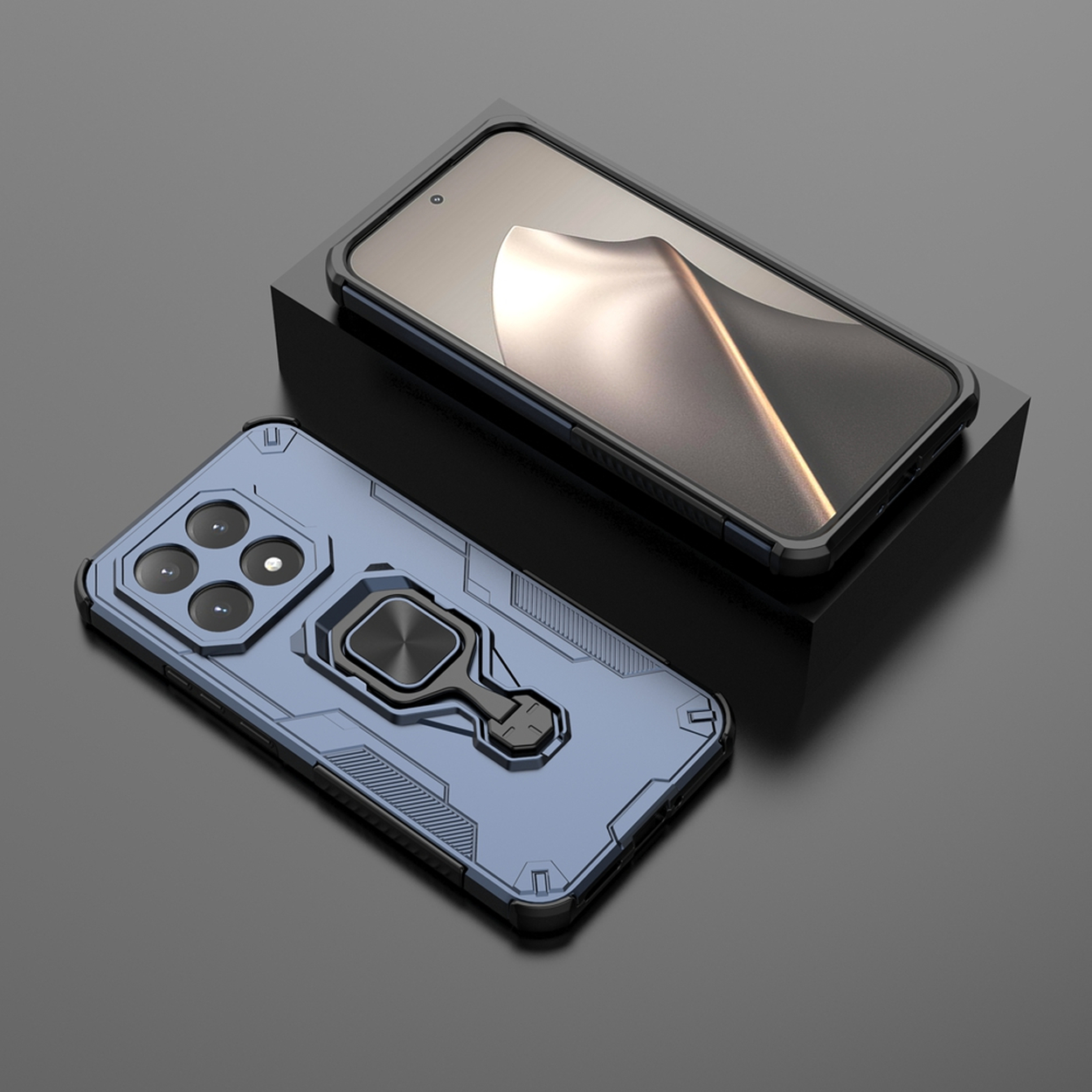 Twee smartphones, één met scherm op een zwart blok. De andere blauwe telefoonhoes heeft een camera en ringhouder.