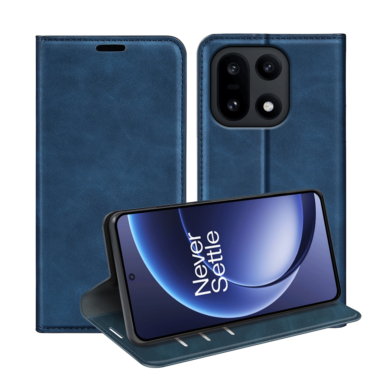 Een blauwe telefoonhoes met een telefoon erin. De telefoon toont de tekst 'Never Settle'. De hoes is open en toont het scherm.