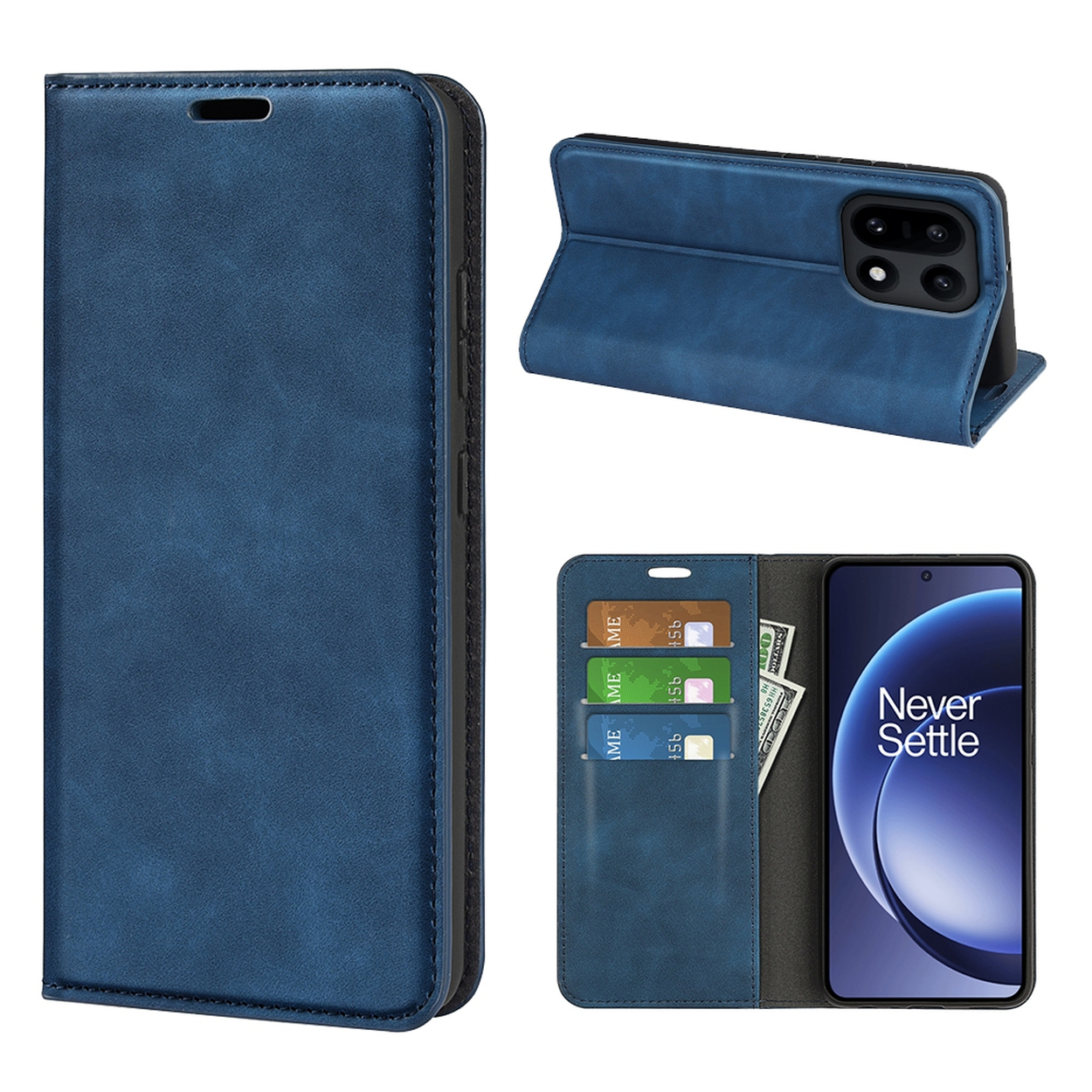 Blauwe telefoonhoes met meerdere weergaven. Toont de gesloten hoes, open met telefoon en met kaartsleuven en een telefoon erin.
