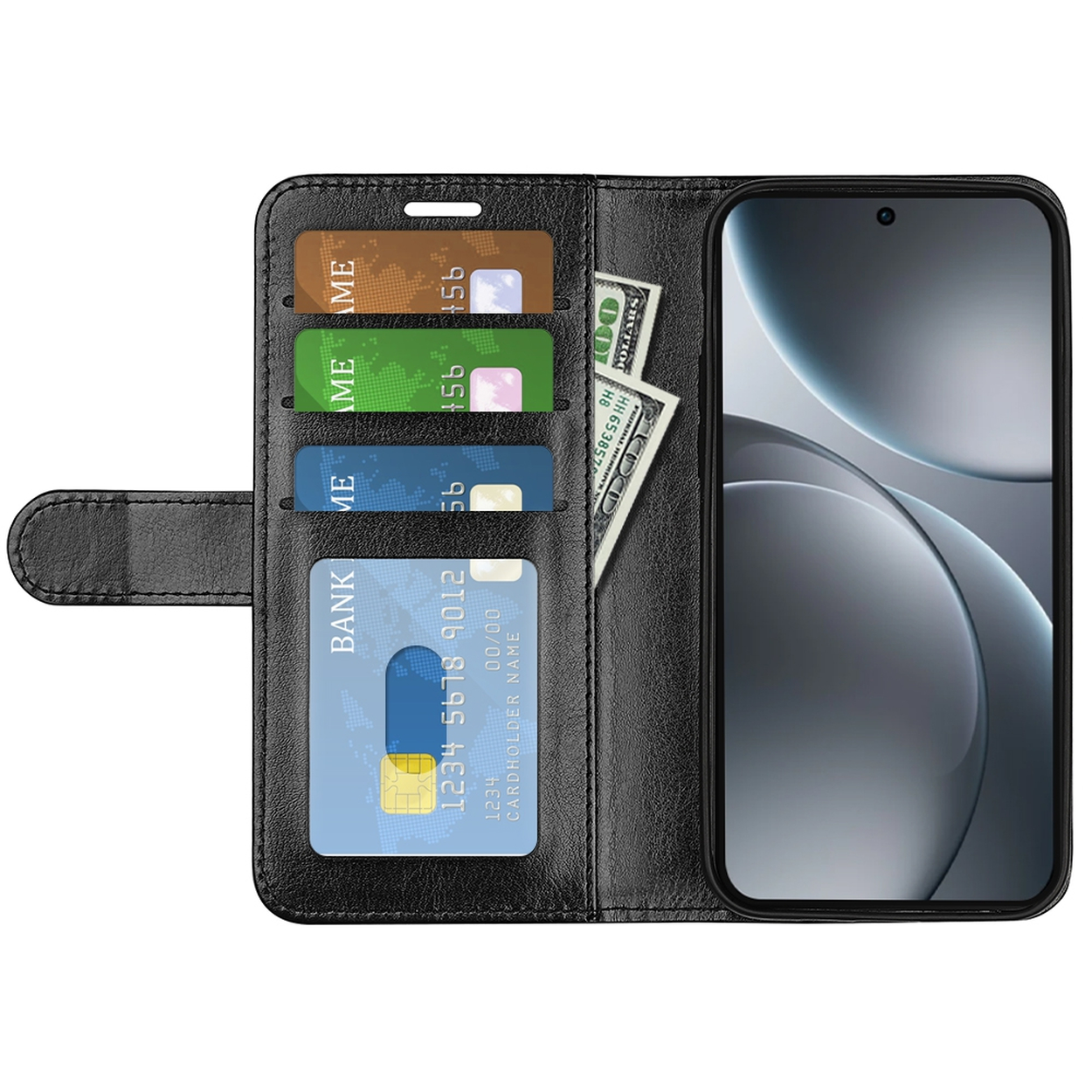 Zwarte telefoonhoes met creditcards en een smartphone. Amerikaanse dollars zitten in de hoes. Het telefoonscherm is zichtbaar.