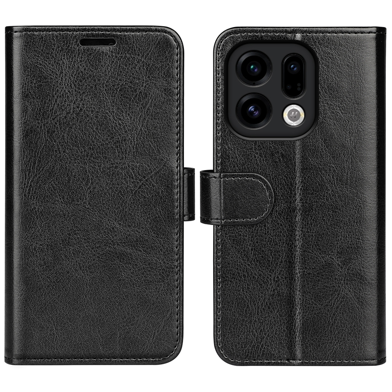 Zwarte leren telefoonhoes, open. De rechterkant toont de cameralenzen van de telefoon. Een magnetische sluiting is zichtbaar.