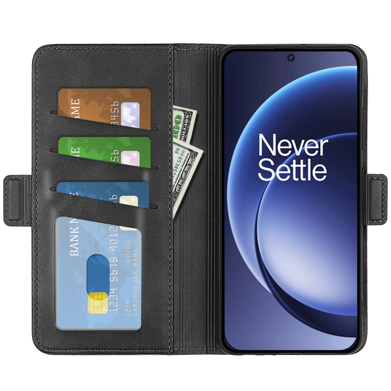 Zwarte telefoonhoes met creditcards en een smartphone. De telefoon toont 'Never Settle'. Er zijn wat dollarbiljetten zichtbaar.