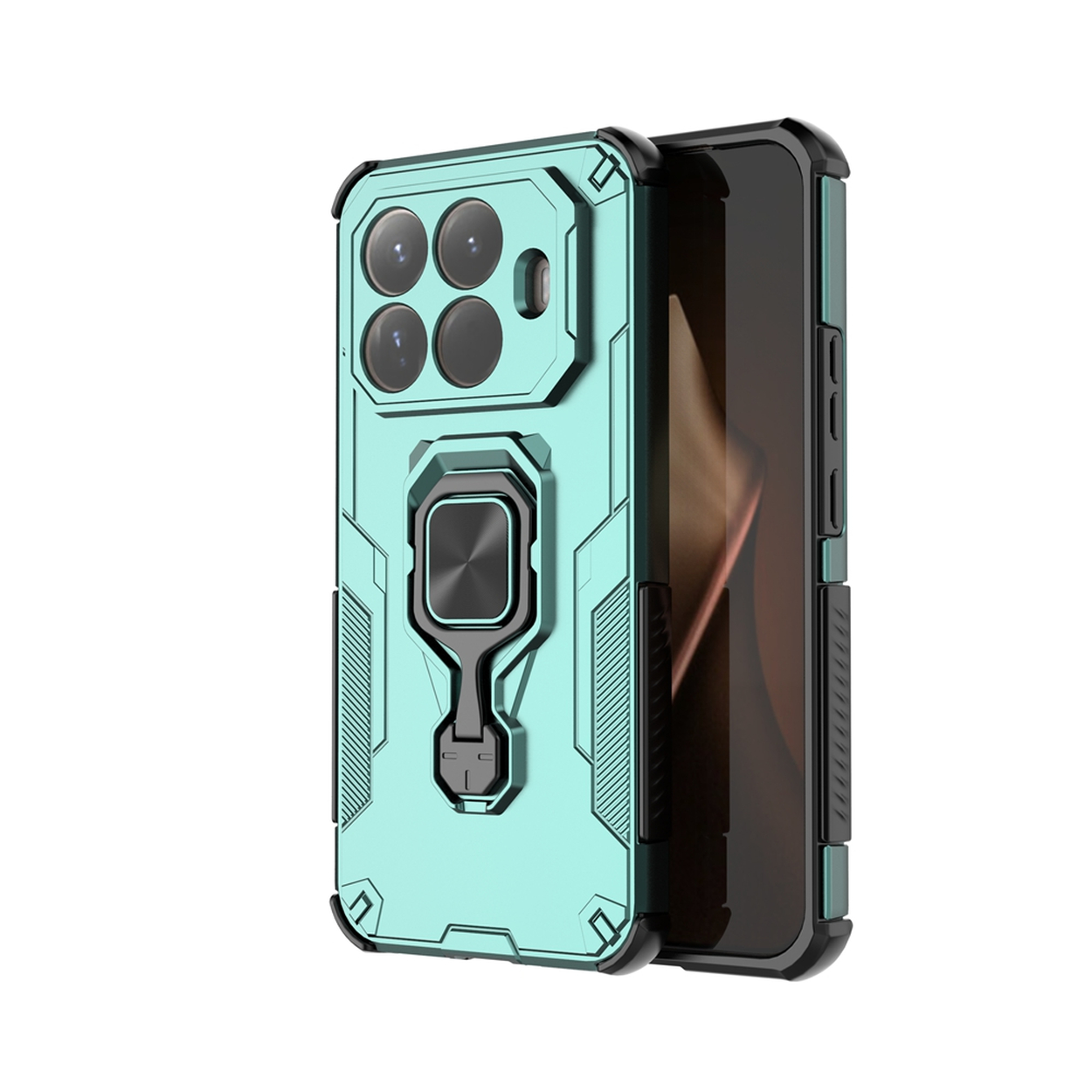 Een zeegroene telefoonhoes met een zwart frame en een ringhouder. Het beschermt een zwarte telefoon. De hoes heeft meerdere camera gaten.