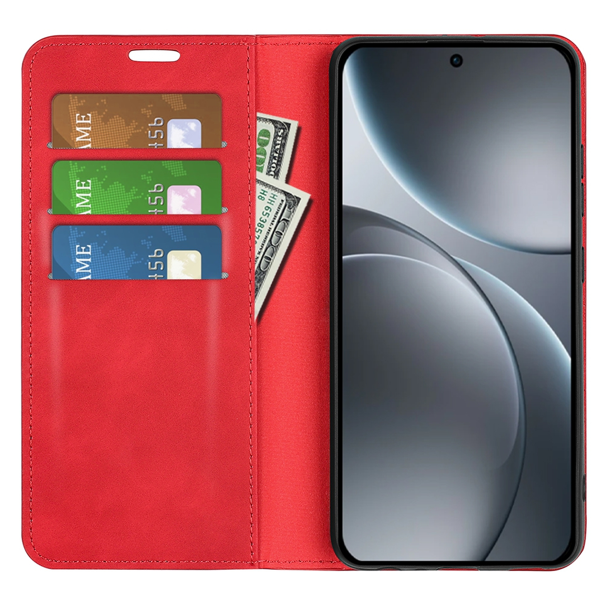 Rode telefoonhoes open, met kaarten, geld en een telefoonscherm. Kaarten zijn bruin, groen en blauw. Geld zijn $100 biljetten.