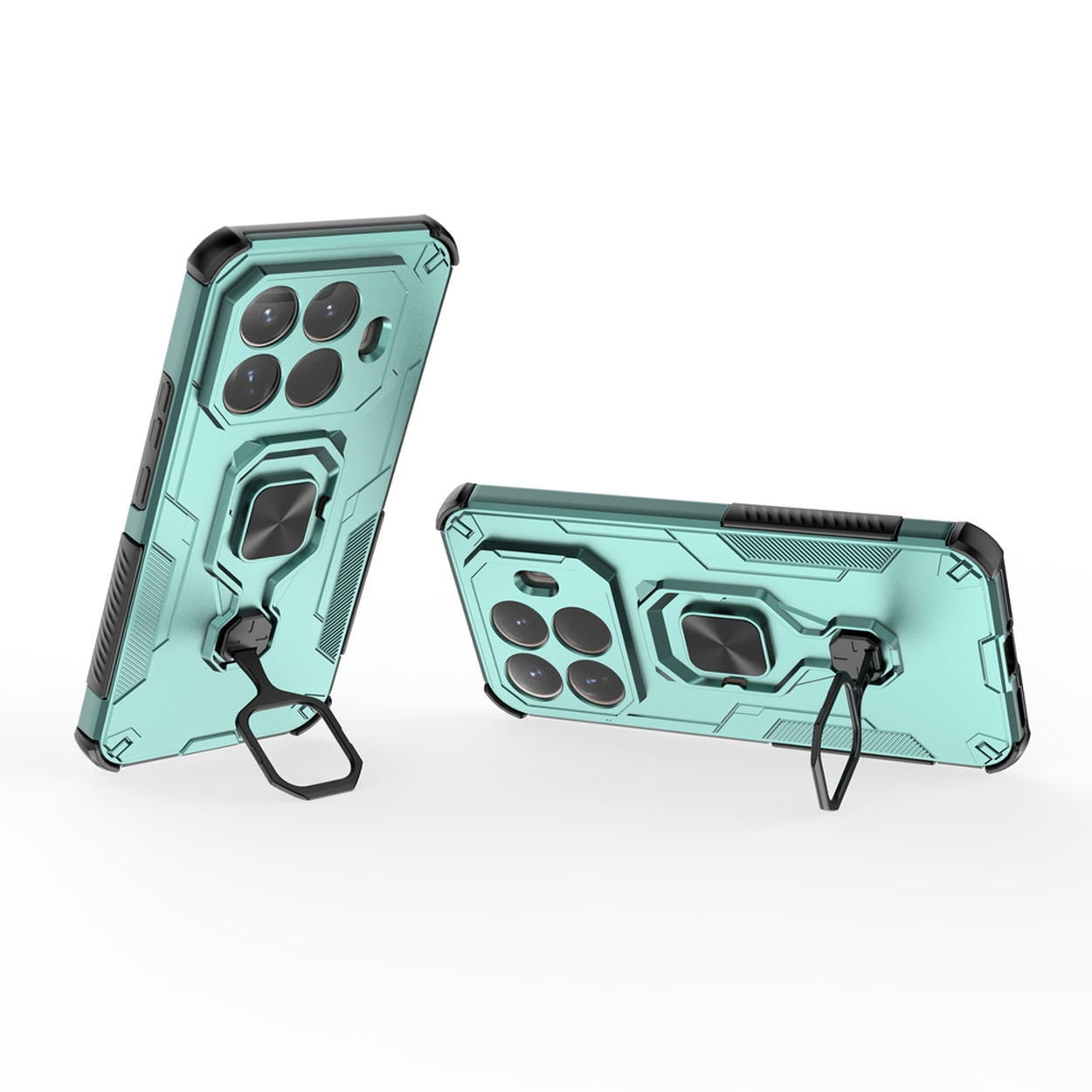 Twee blauwgroene telefoonhoesjes met zwarte accenten worden getoond. Elke hoes heeft een ringstandaard. Eén staat rechtop, de andere ligt.