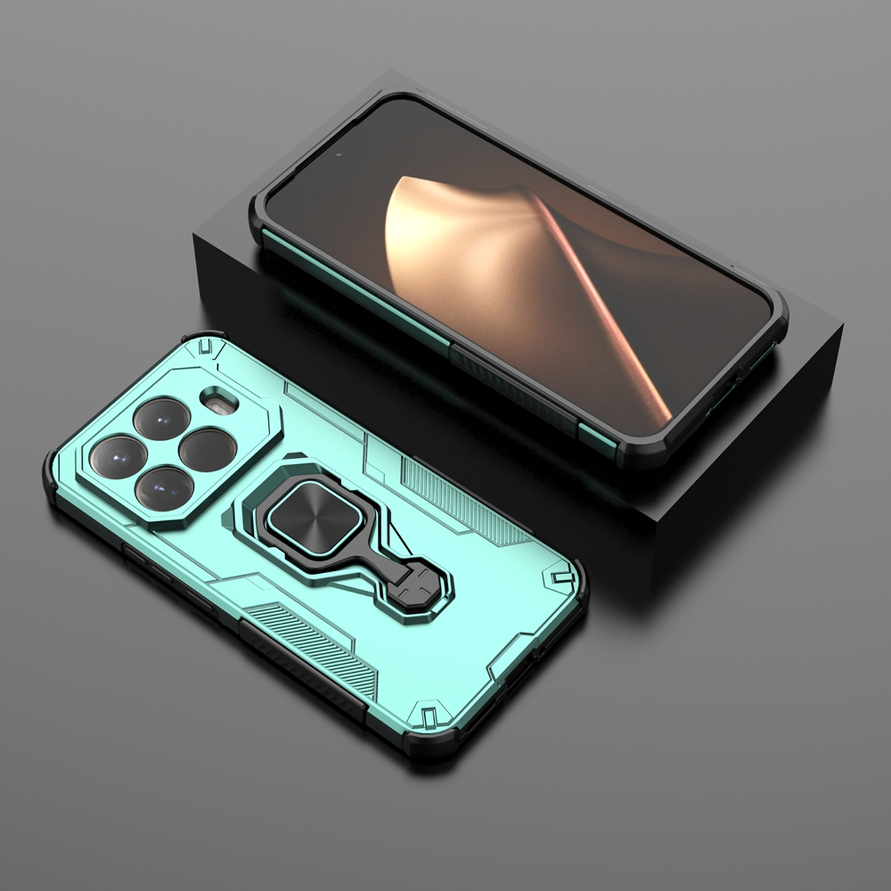 Twee smartphones in beschermende hoesjes. Een hoesje is turquoise met een ringhouder, de andere is zwart op een zwart blok.