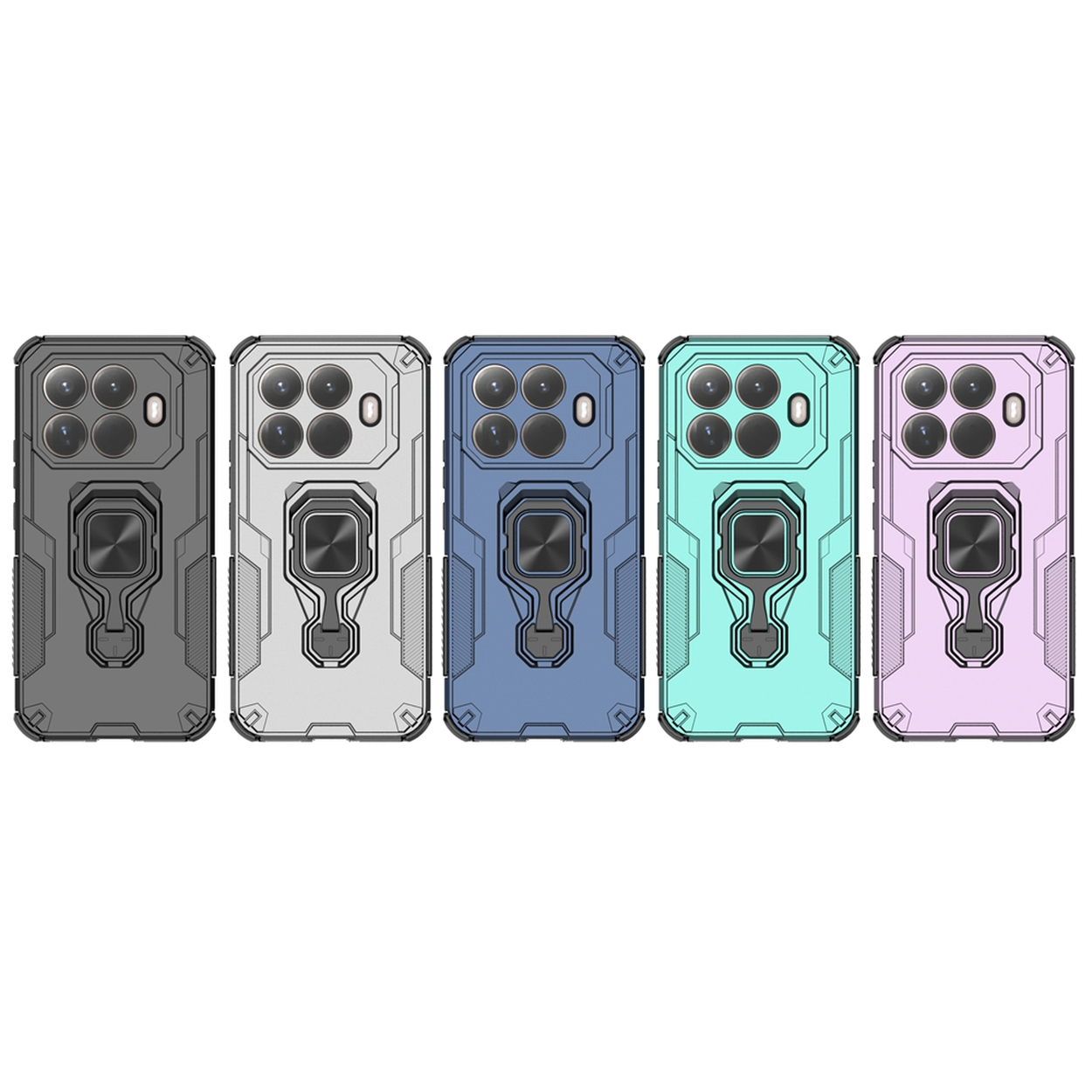 Vijf telefoonhoesjes: grijs, wit, blauw, turquoise en roze. Elk heeft een ringhouder en camera-uitsparingen.