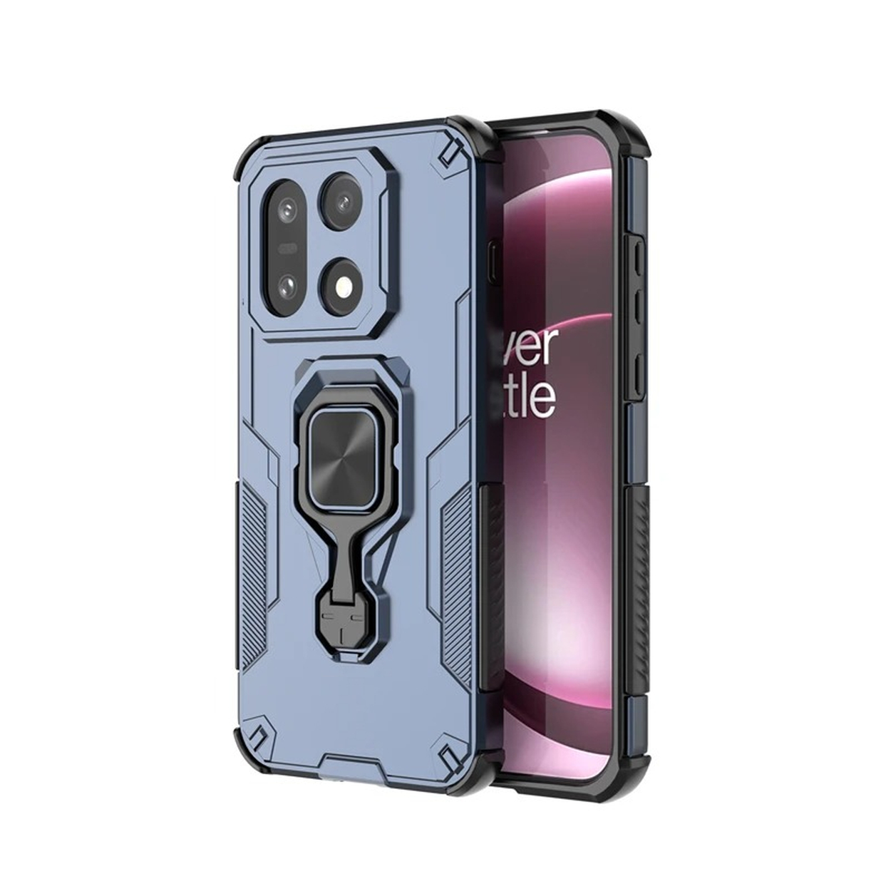 Een blauwe telefoonhoes met ringhouder. Het scherm toont 'ver tle'. De hoes heeft een camera-uitsparing en staat op een witte achtergrond.