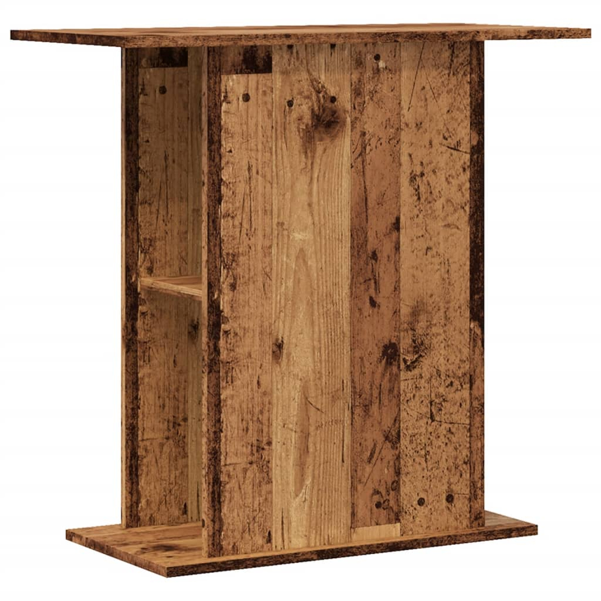Ein rustikaler Holztisch mit einem Regal. Der Tisch besteht aus vertikalen Holzplanken. Die Ober- und Unterseite bestehen ebenfalls aus Holz.