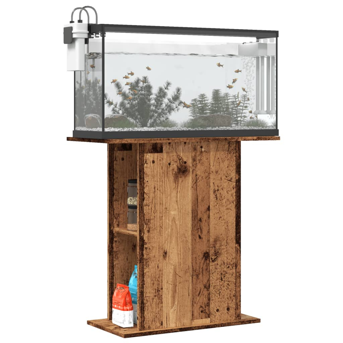 Ein rechteckiges Aquarium mit Fischen, Pflanzen und einem Filter steht auf einem Holzständer mit Stauraum.