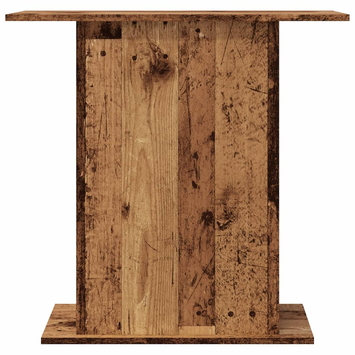 Ein rustikaler Holztisch mit rechteckiger Ober- und Unterseite. Der Mittelteil besteht aus vertikalen Holzbrettern.