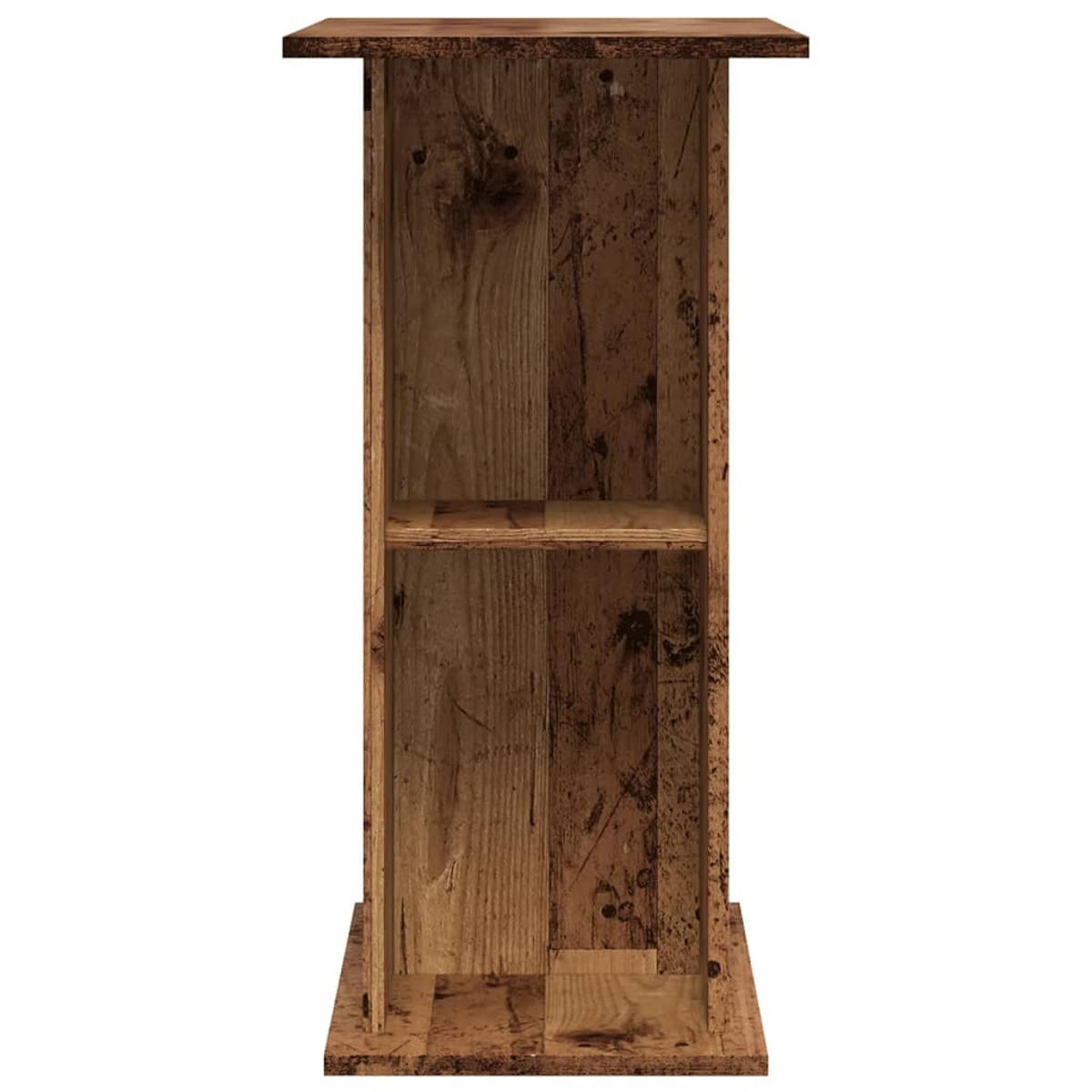 Ein hölzernes Rednerpult mit Oberteil, Regal und Sockel. Das Holz hat ein braunes, strukturiertes Aussehen mit sichtbaren Maserungen und Knoten.