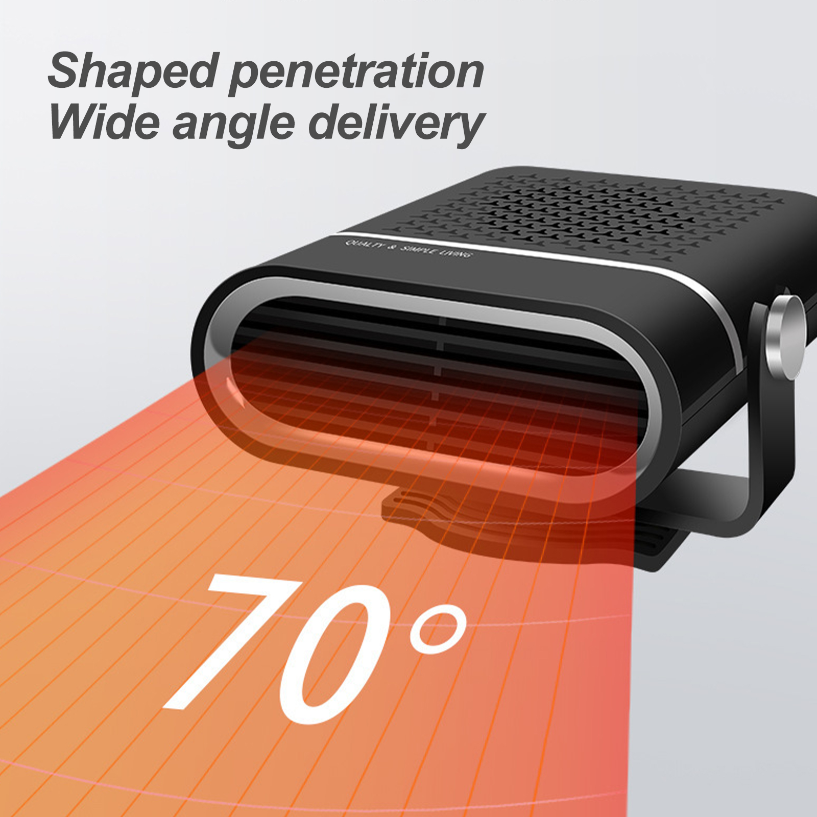 Ein schwarzer Autoheizer mit einem 70-Grad-Winkel heißer Luft. Weißer Text: 'Geformte Penetration Weitwinkel-Lieferung'.