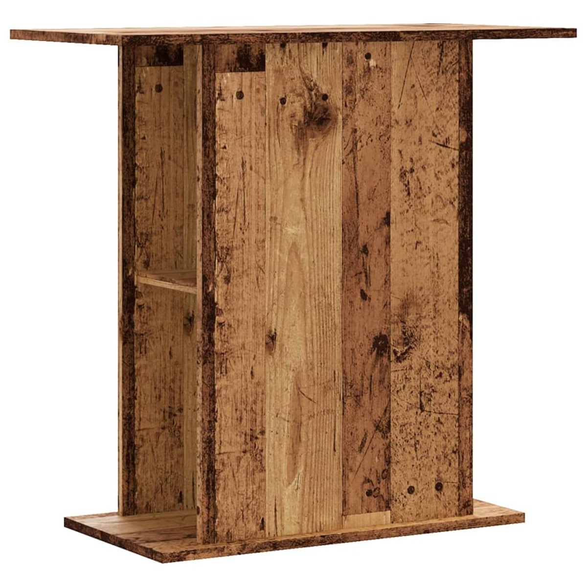 Ein rustikaler Bartisch aus Holz. Er hat ein Regal im Inneren. Das Holz hat eine natürliche Maserung und ist hellbraun.