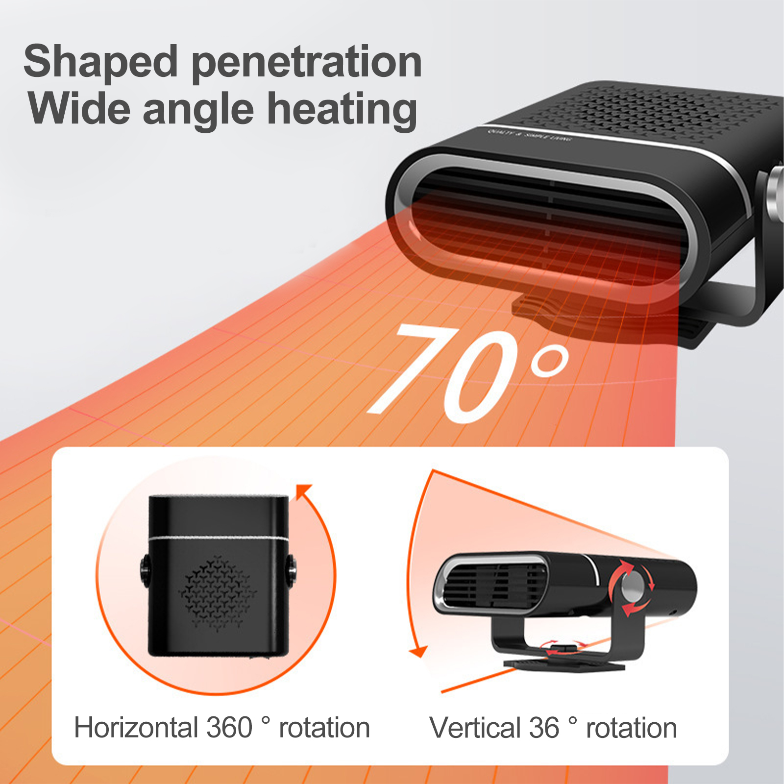 Das Bild zeigt eine schwarze Autoheizung mit Diagrammen von 360- und 36-Grad-Rotationen. Orangefarbene Wärmeanzeige in einem Winkel von 70 Grad.