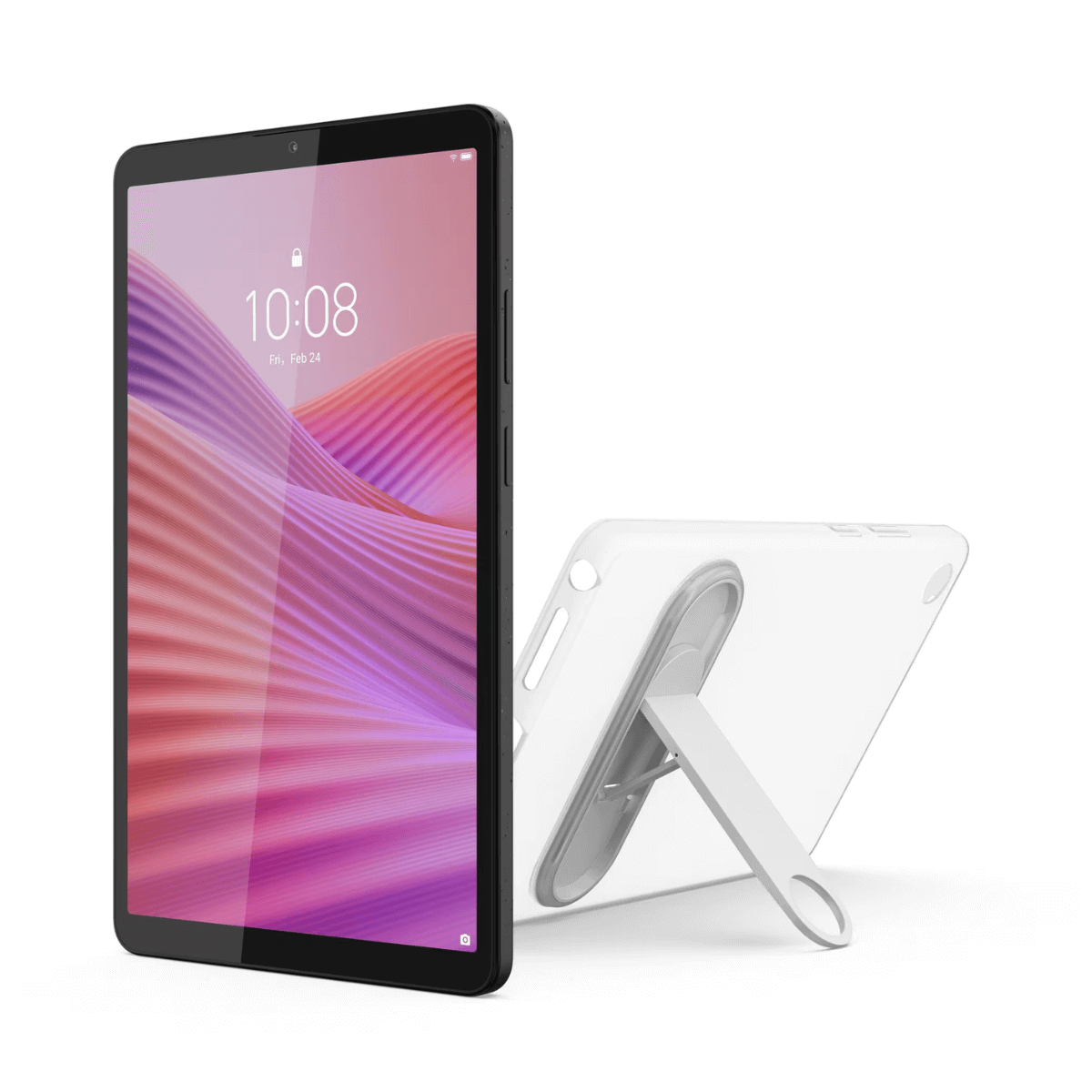 Ein schwarzes Tablet mit der Anzeige 10:08, mit einer transparenten Hülle und einem Ständer auf weißem Untergrund.