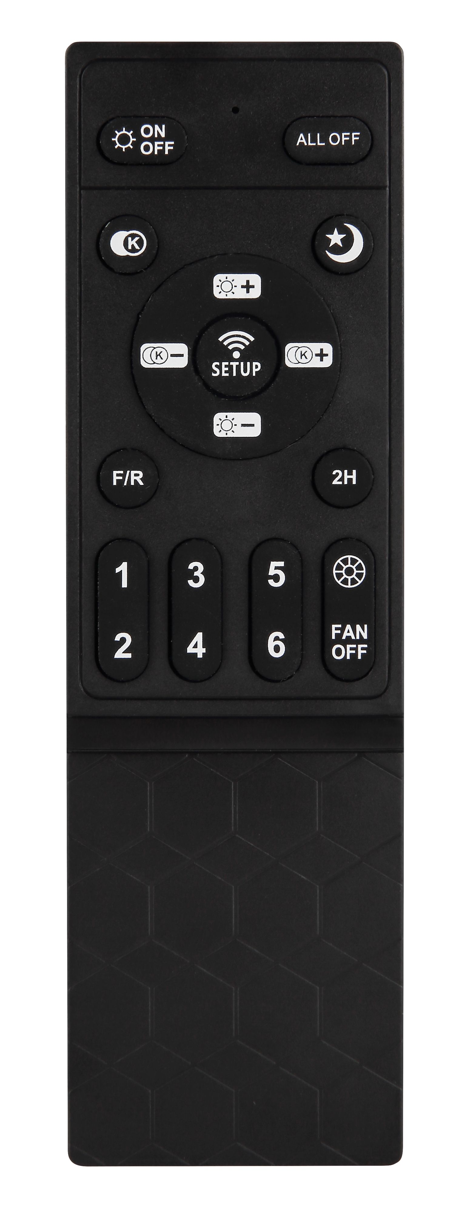 Eine schwarze Fernbedienung mit Tasten für Ein/Aus, Zahlen und Funktionen. Der Boden hat einen strukturierten Griff.