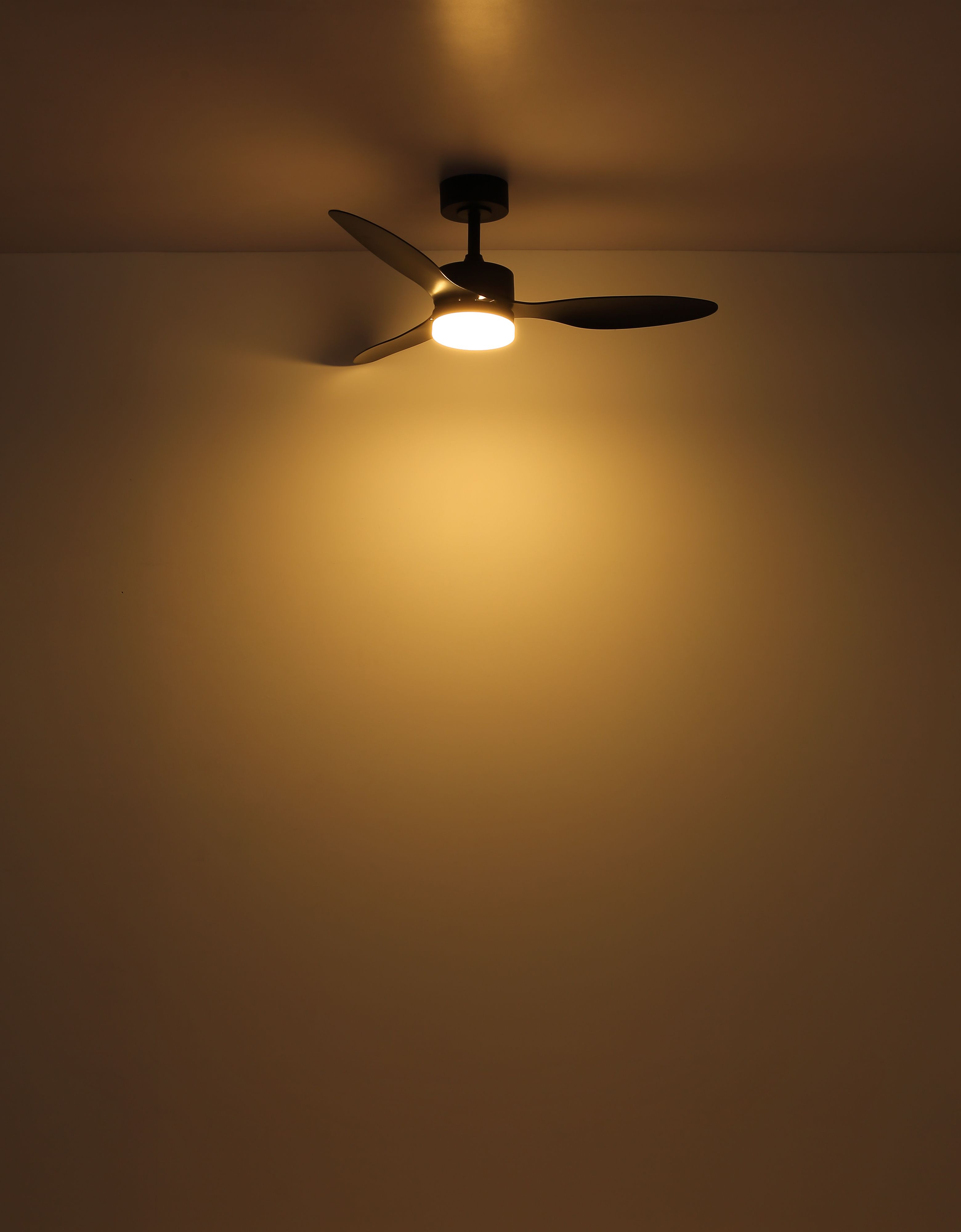 Ein Deckenventilator mit drei dunklen Blättern und einem zentralen Licht leuchtet vor einer warm getönten Wand.