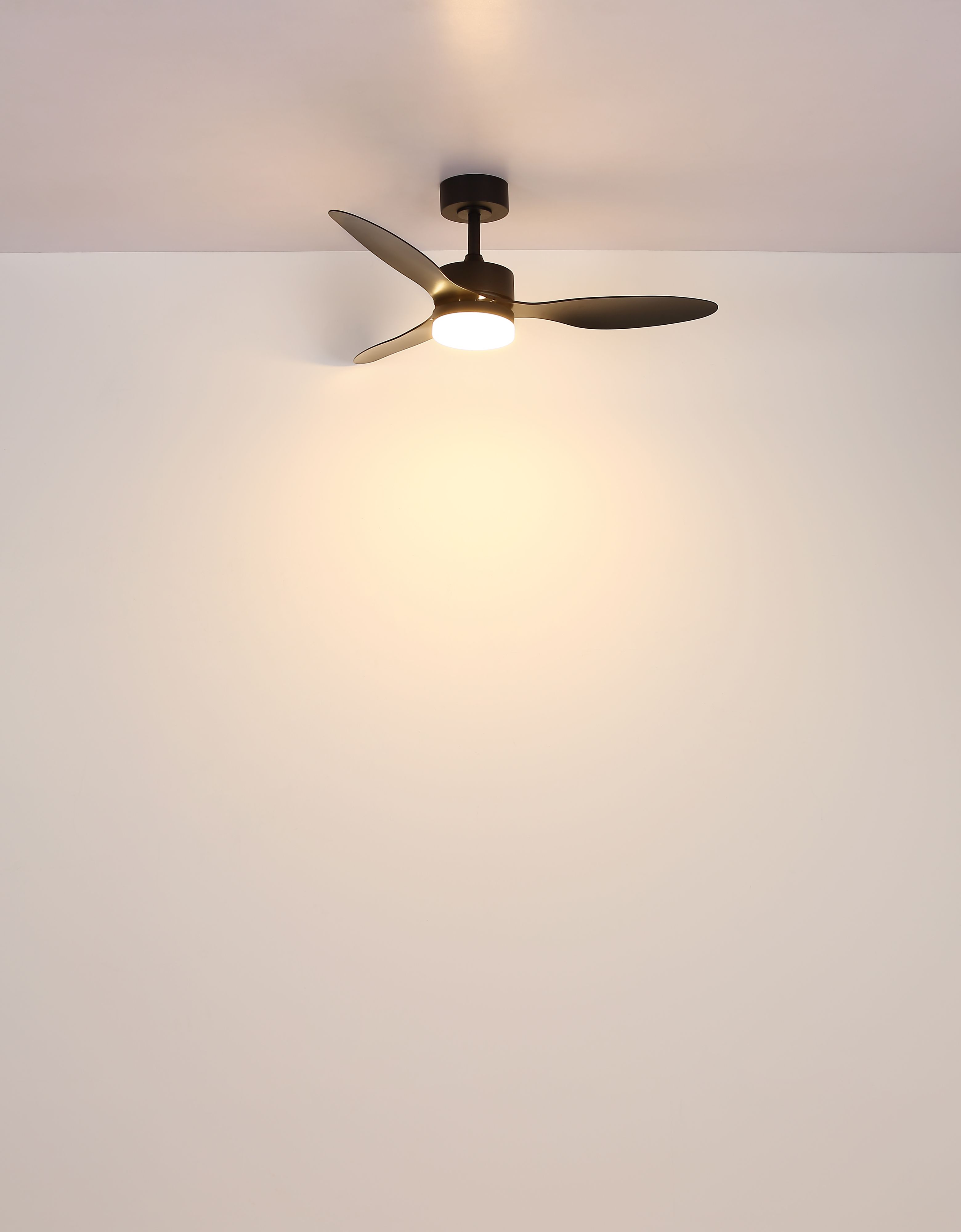 Ein Deckenventilator mit drei Flügeln und einem Licht ist zentriert, vor weißem und cremefarbenem Hintergrund.